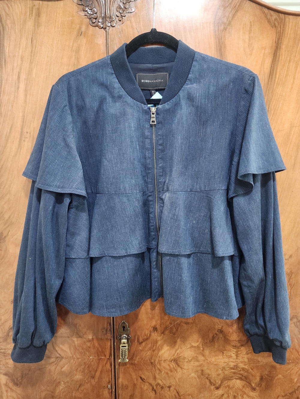 BCBGMaxAzria Blue Corduroy Tiered Zip Bomber Jacket